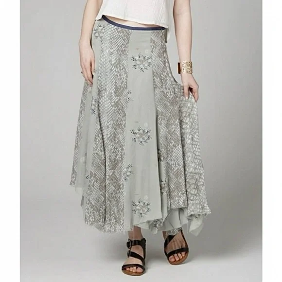 FREE PEOPLE Rock On Snake Floral Print Mixed Media Handkerchief Hem Maxi Skirt 4 - Picture 2 of 12
